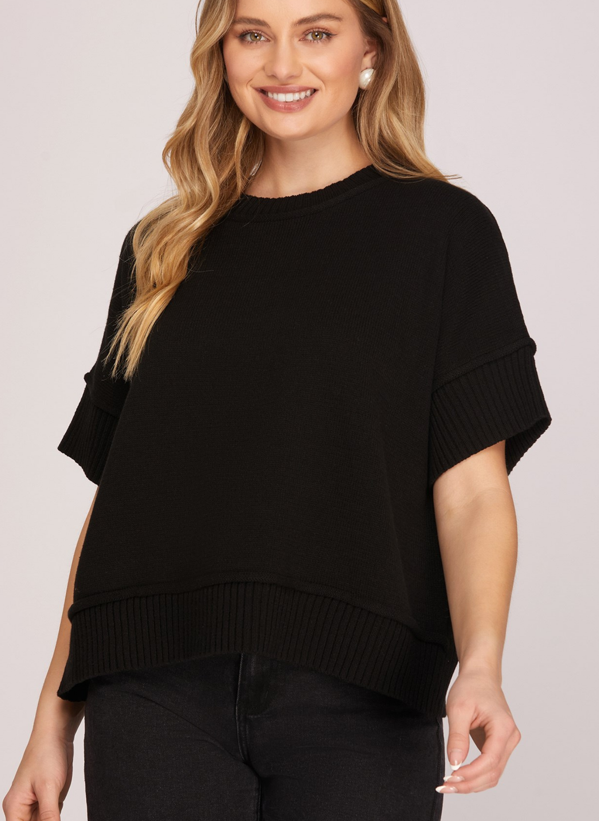 Drop Half Sleeve Crew Neck Sweater