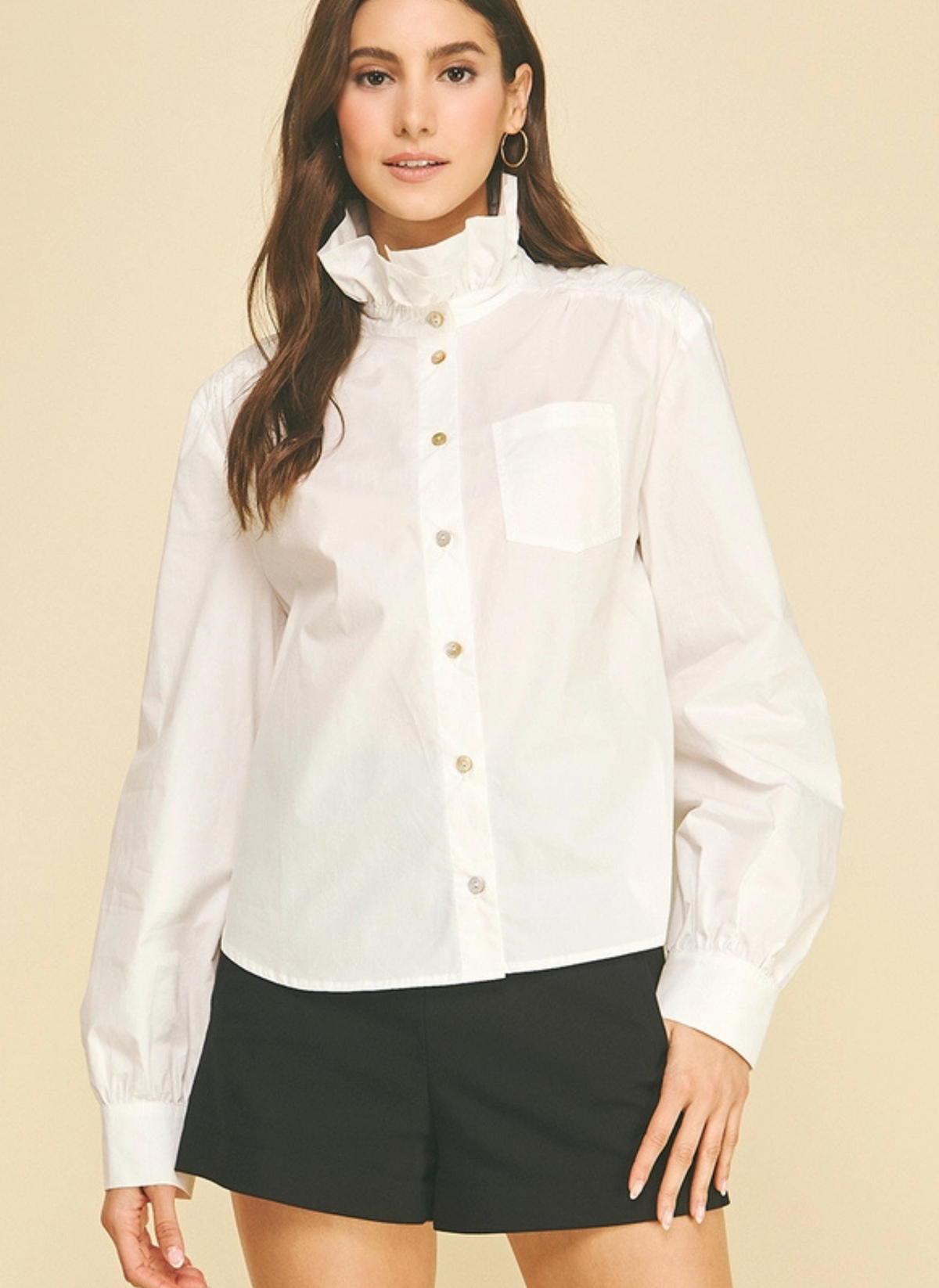 Ruffled High Neck Button Down Top