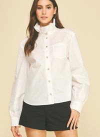 Ruffled High Neck Button Down Top