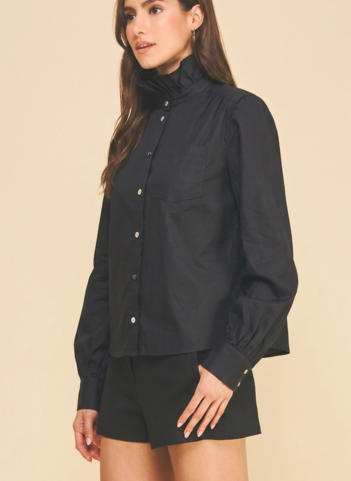 Ruffled High Neck Button Down Top