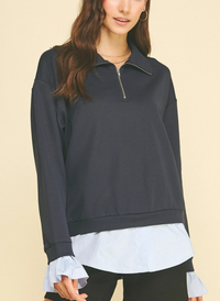Layered Poplin Quarter Zip Sweatshirt