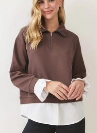 Layered Poplin Quarter Zip Sweatshirt