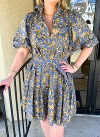 Golden Floral Belted Dress
