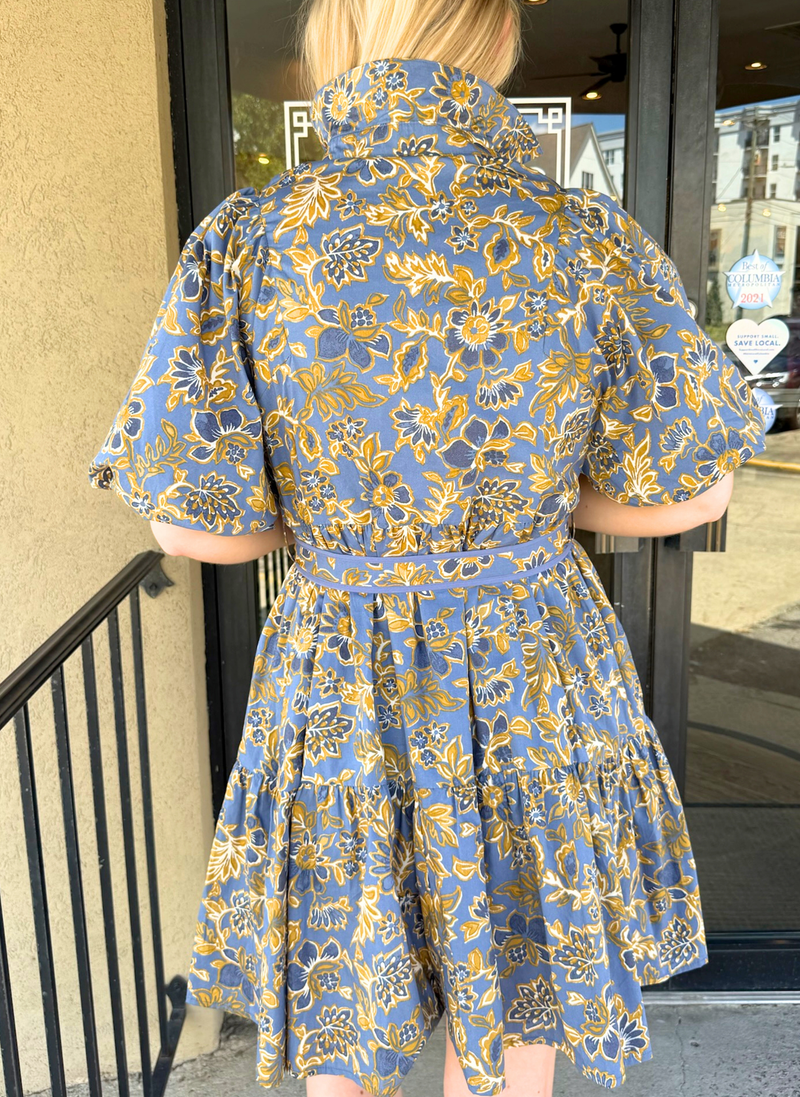 Golden Floral Belted Dress