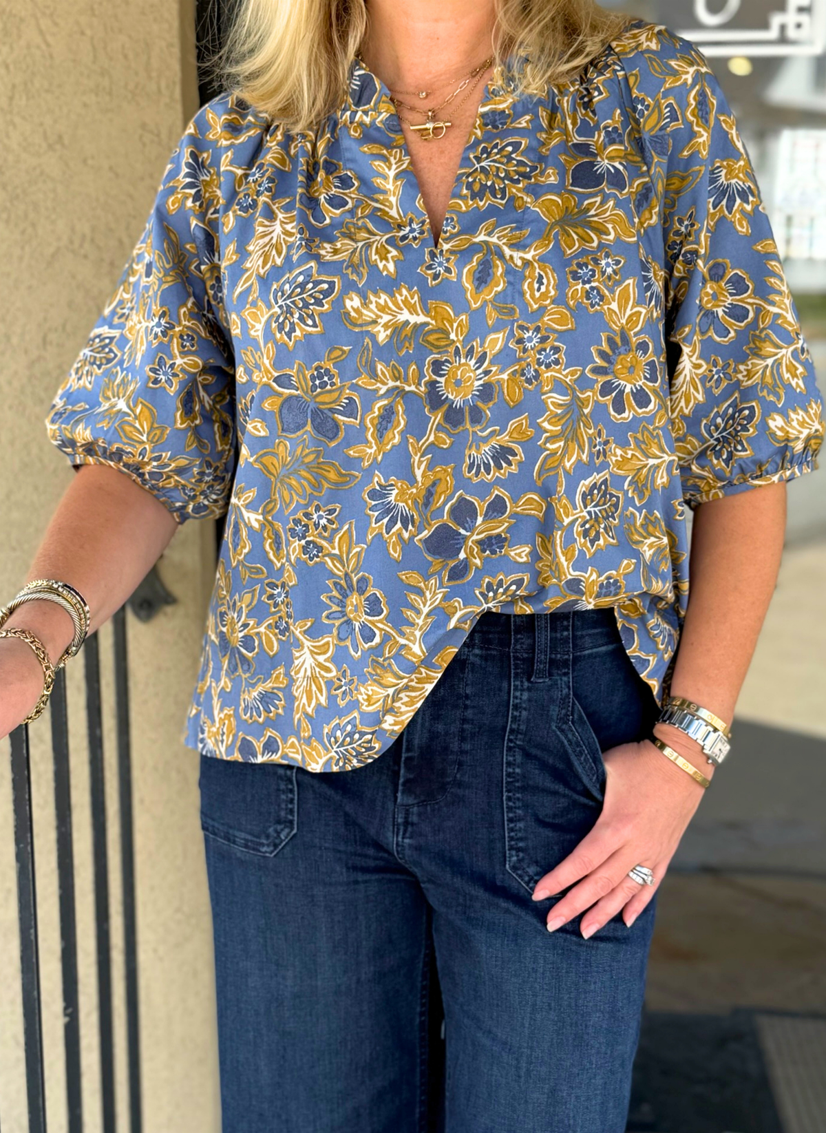Golden Floral Puff Sleeve Top