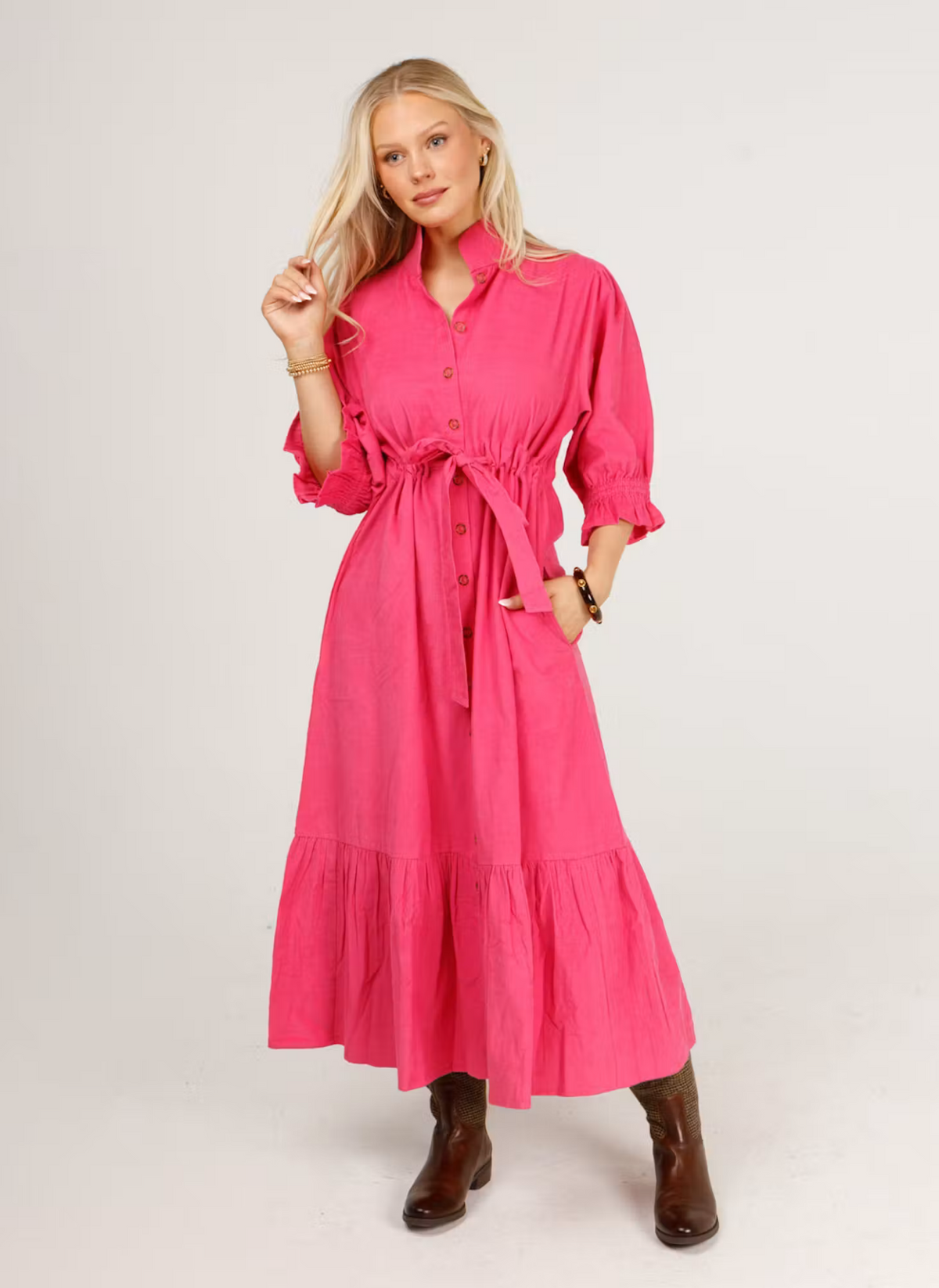 Catherine Corduroy Dress - Hot Pink