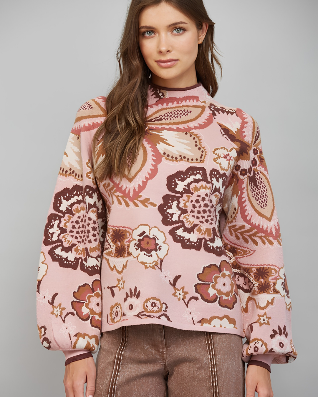 Bold Floral Paisley Funnel Neck Sweater