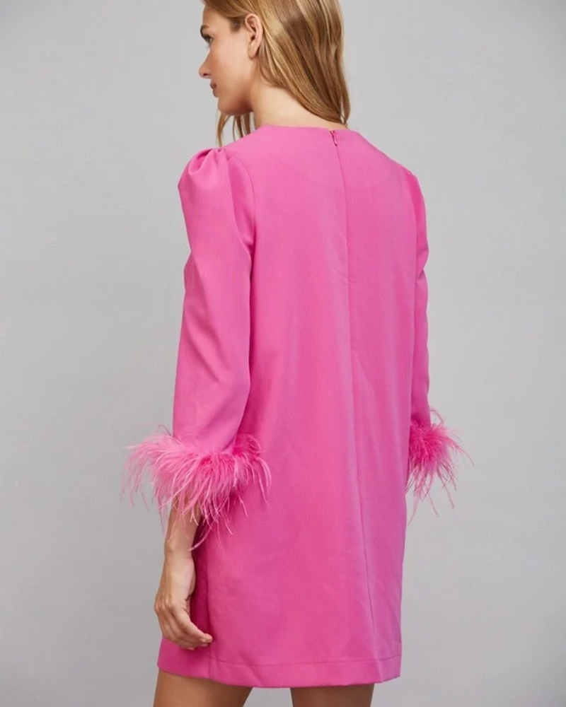 Feather Trim Cuff Shift Dress