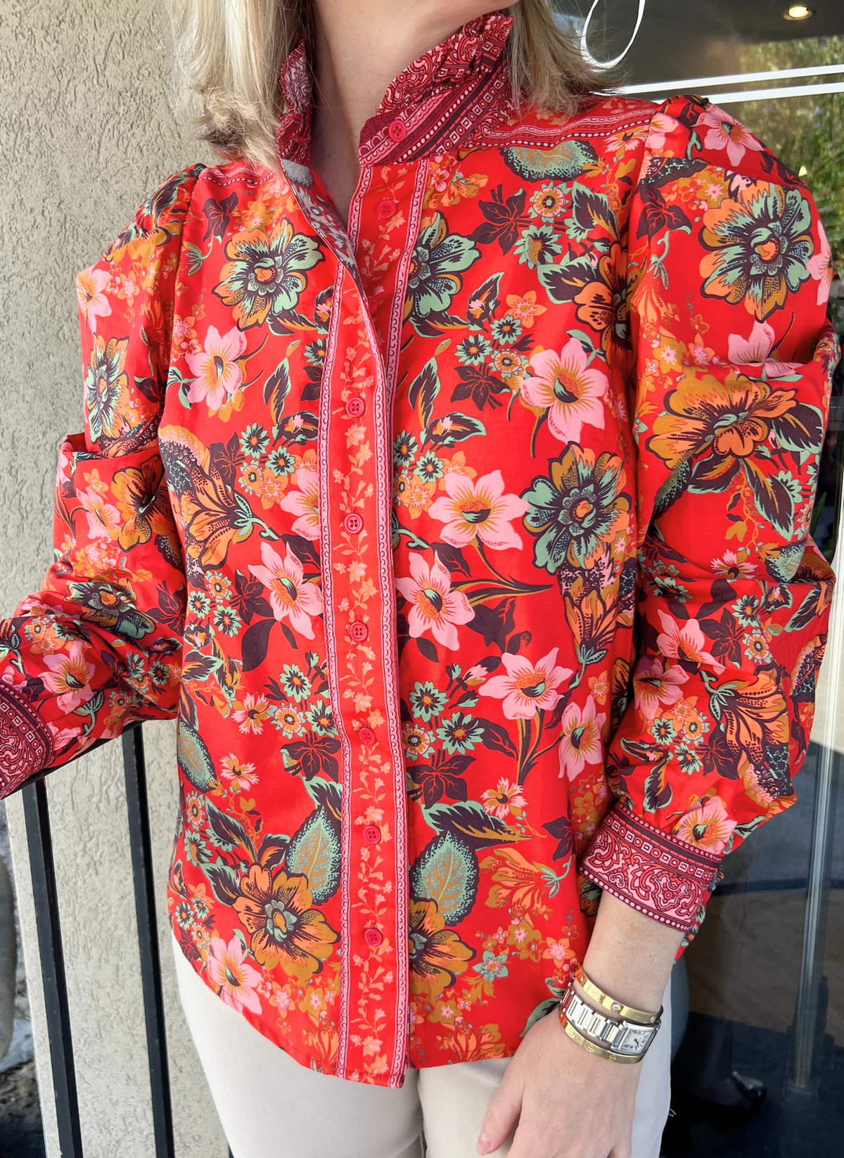 Floral Border Print Button Down Top