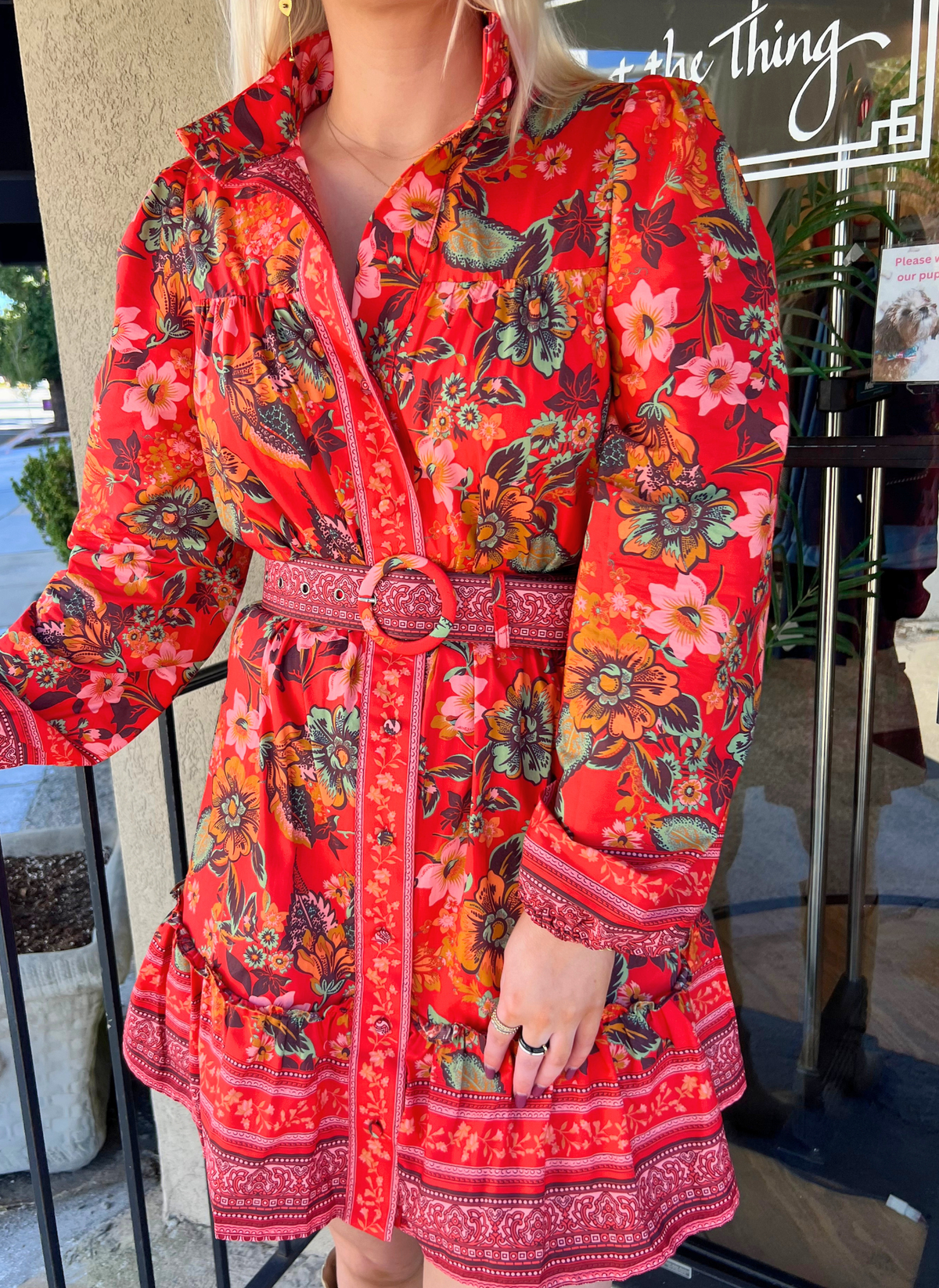 Floral Border Print Belted Dress