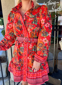 Floral Border Print Belted Dress
