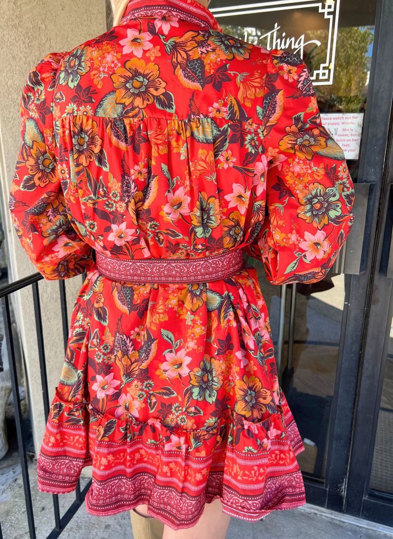 Floral Border Print Belted Dress
