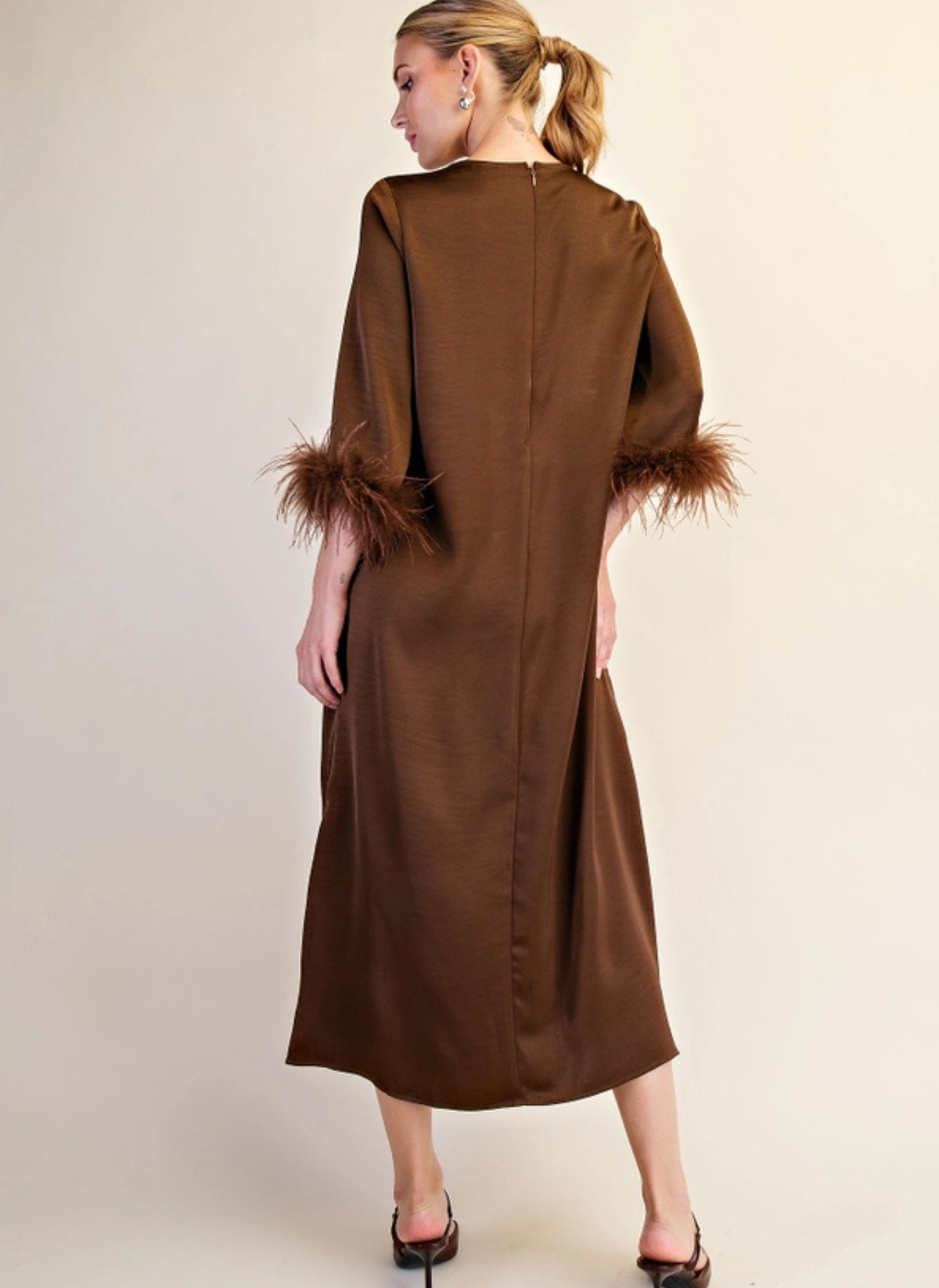 Feather Trim Evening Midi Dress