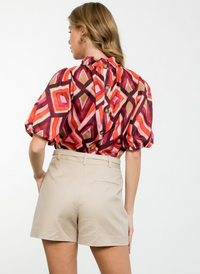 Mixed Triangles Puff Sleeve Top