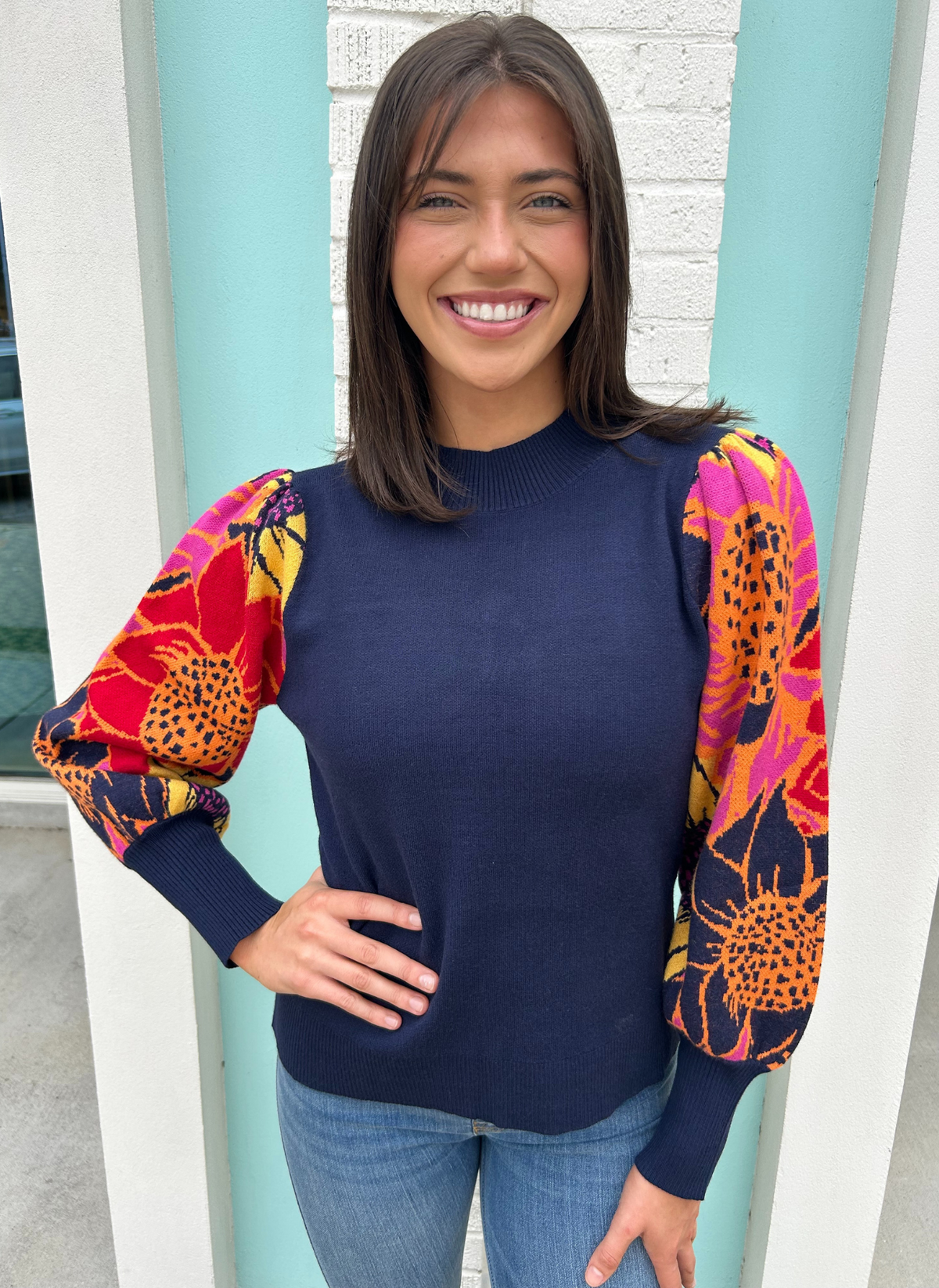 Floral Sleeve Crew Neck Sweater