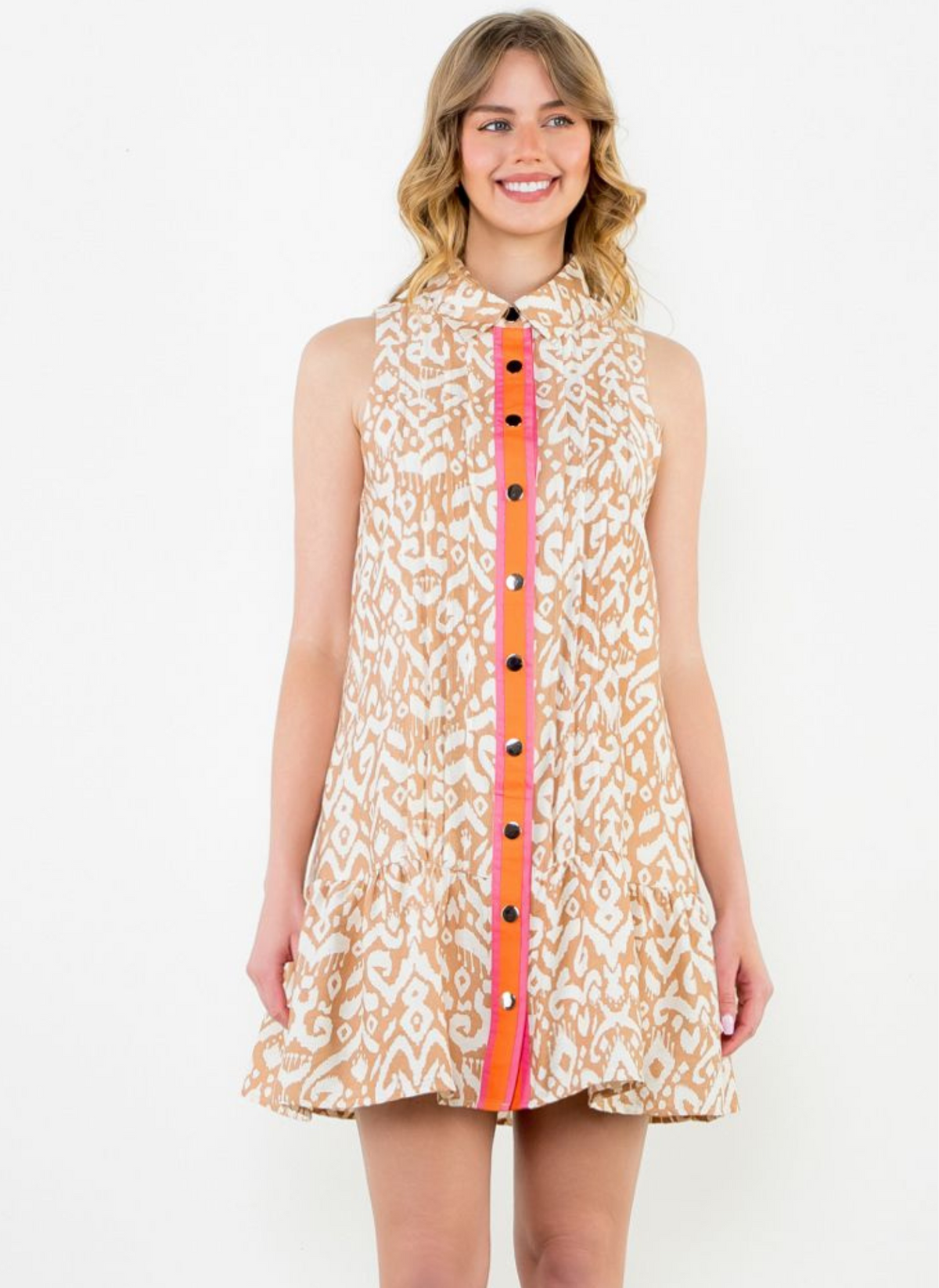 Sleeveless Button Snap Dress - Beige Ikat