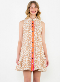 Sleeveless Button Snap Dress - Beige Ikat