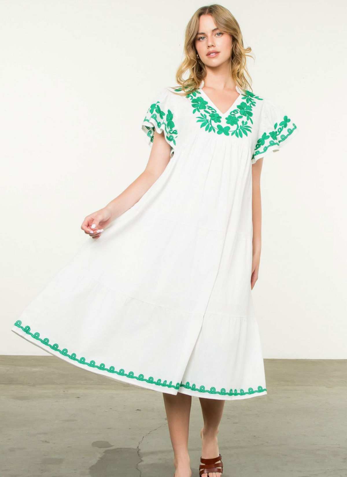Maria Embroidered Midi Dress - Green