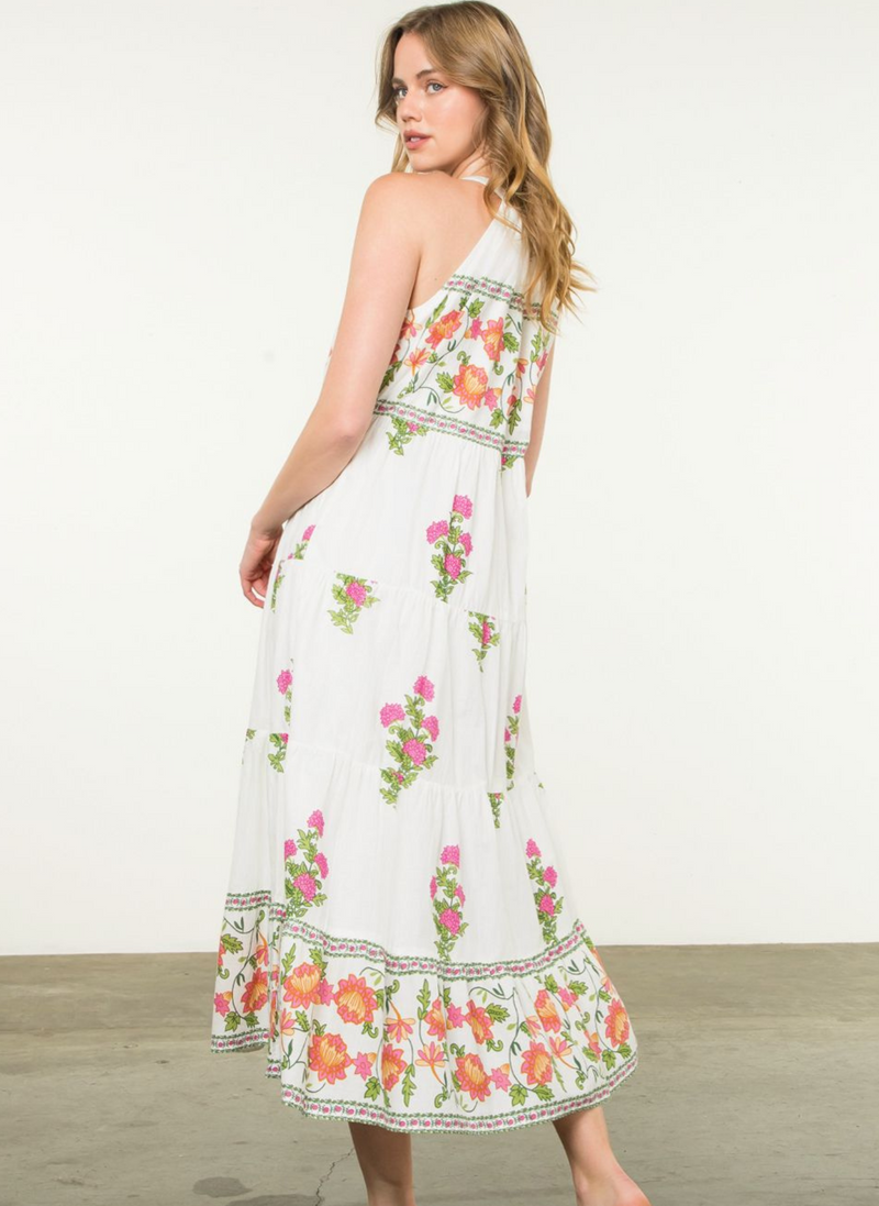 Halter Floral Maxi Dress - Cream + Pink
