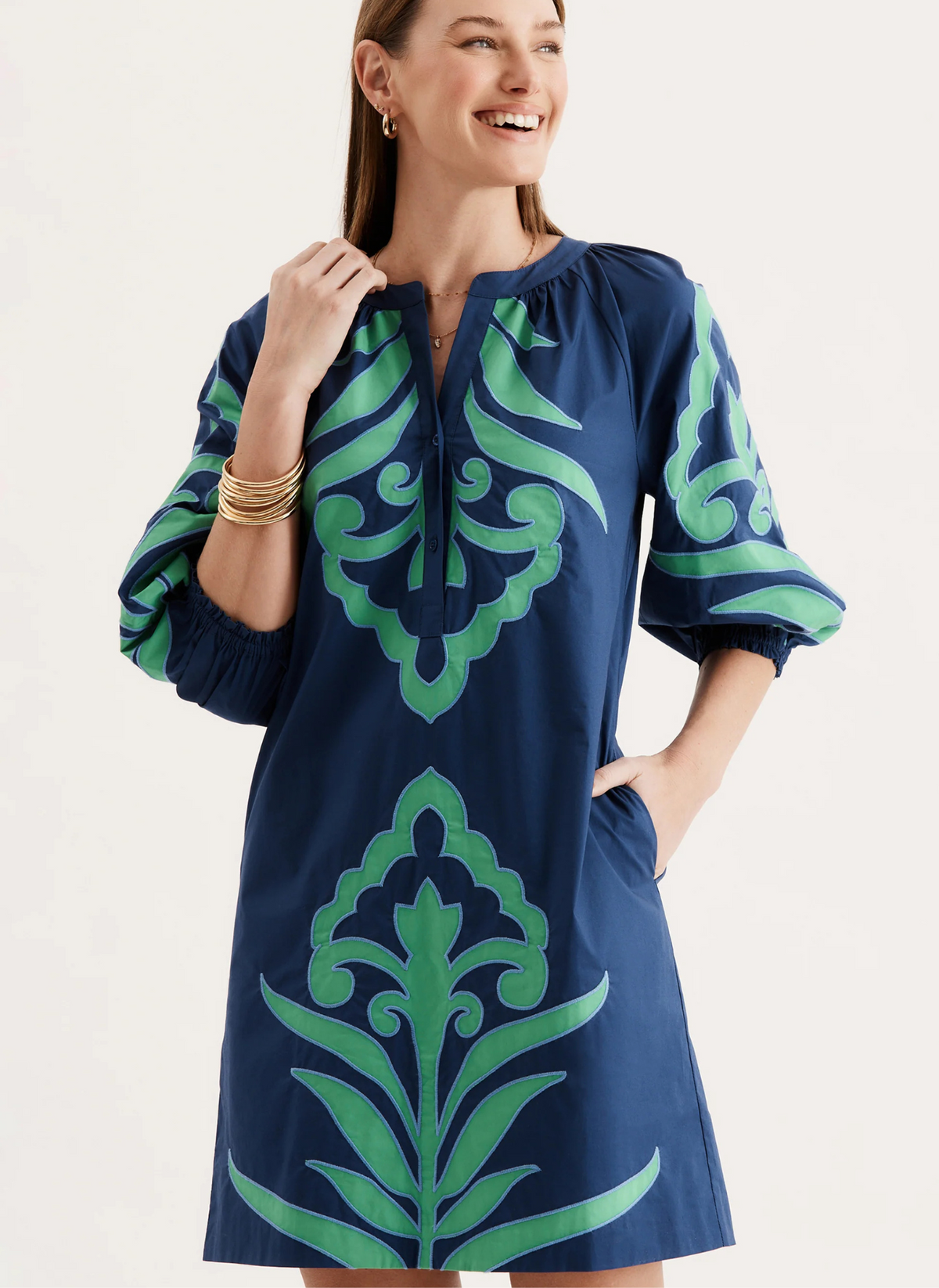 Jules Applique Dress - Navy + Green