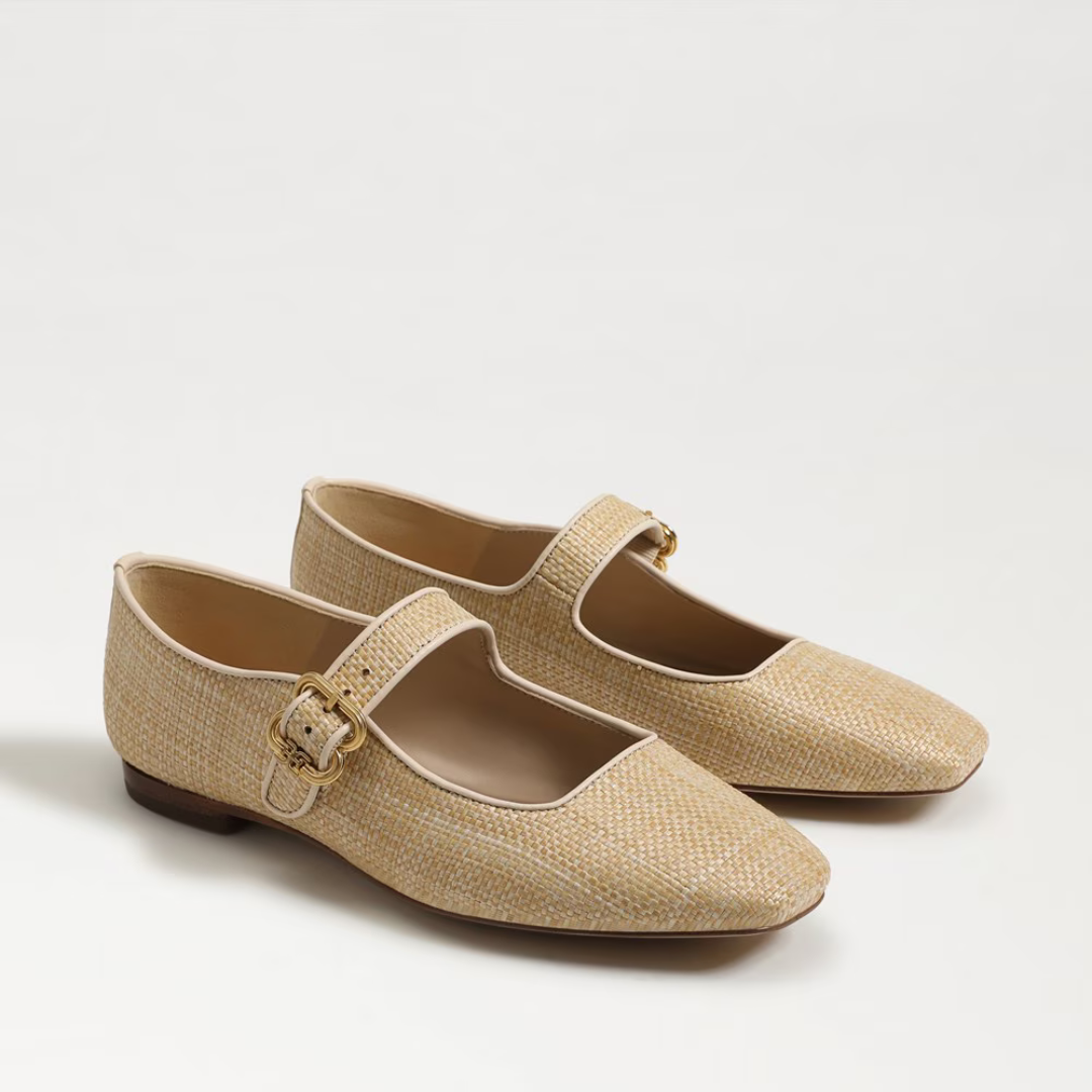 Michaela Mary Jane Flat - Bleached Beechwood Weave