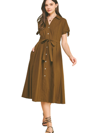 Addie Tie Sleeve Belted Midi Dress - Tabacco