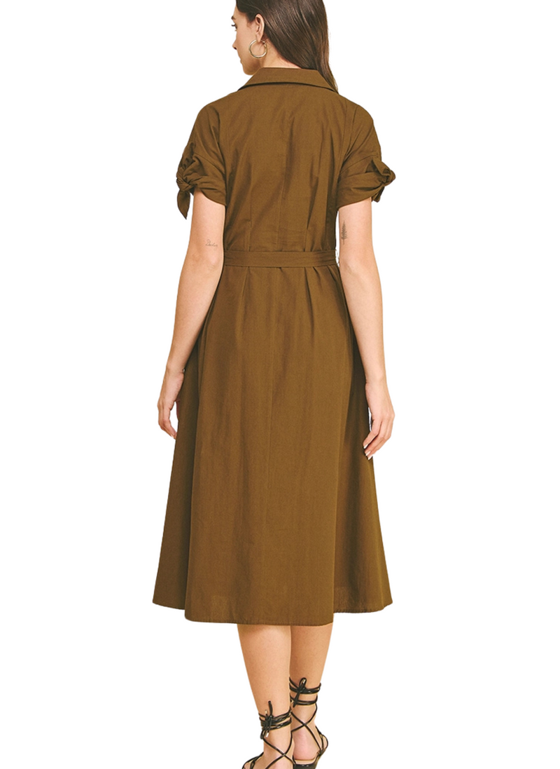 Addie Tie Sleeve Belted Midi Dress - Tabacco