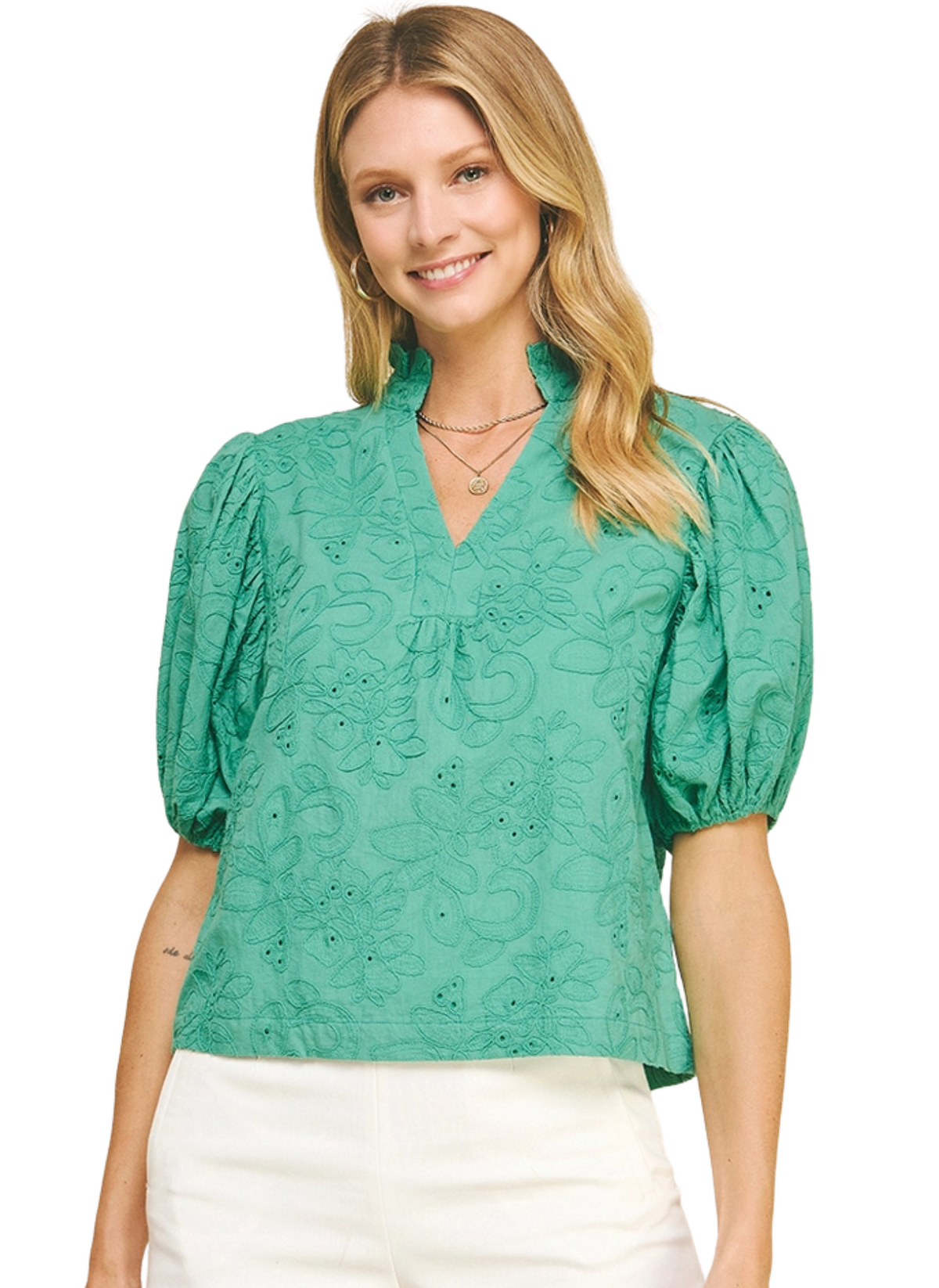 Lace Savannah V-Neck Top - Jade