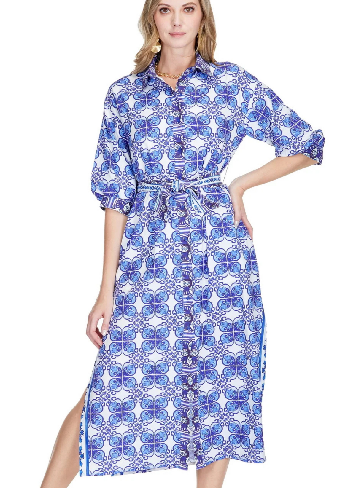 Belted Tile Print Maxi Dress