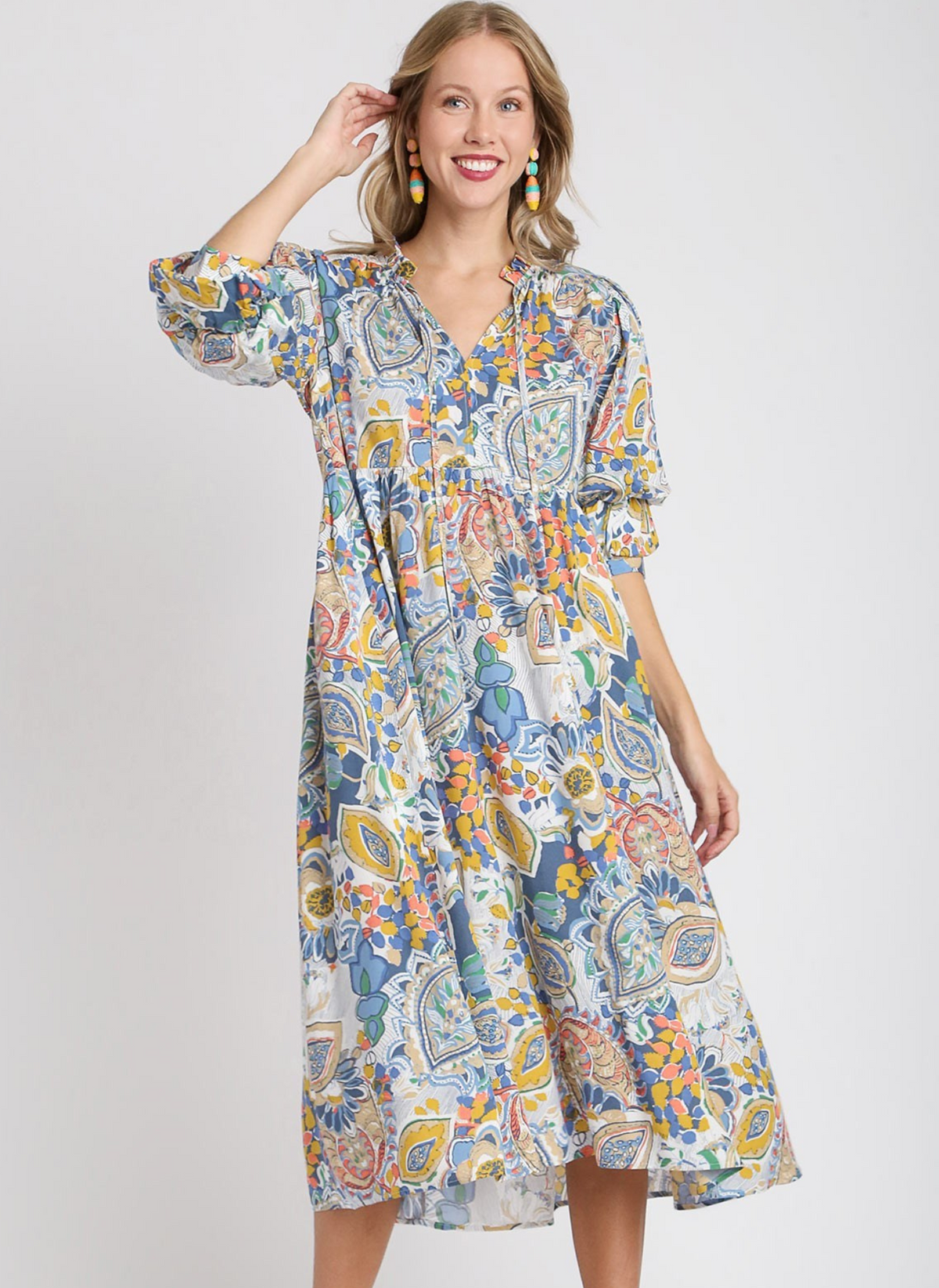 Paisley Tiered Midi Dress - Blue Mix