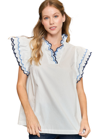 Reese Scallop Detail Top - Blue + White