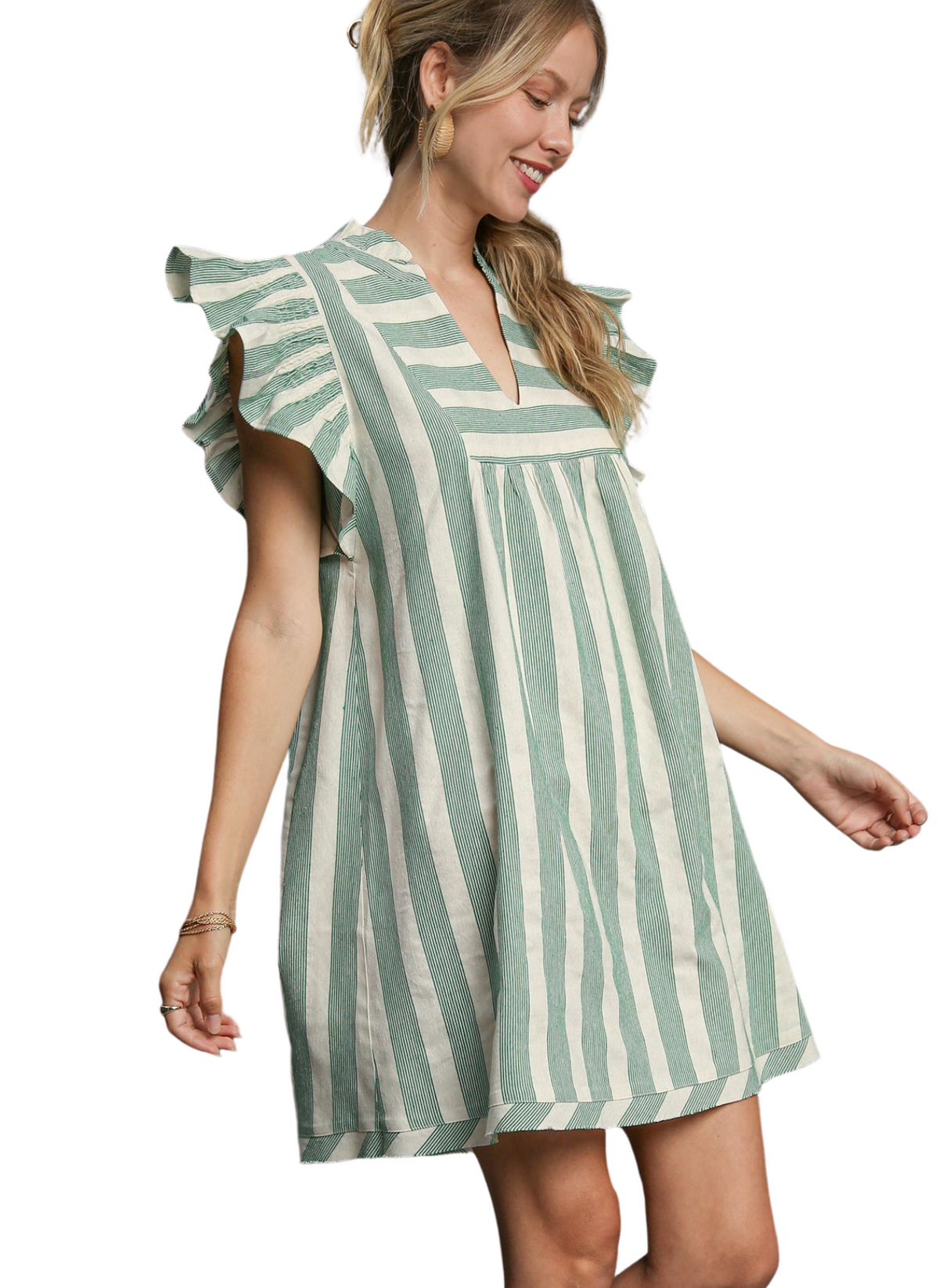 Kayce Stripe Flutter Sleeve Dress - Green