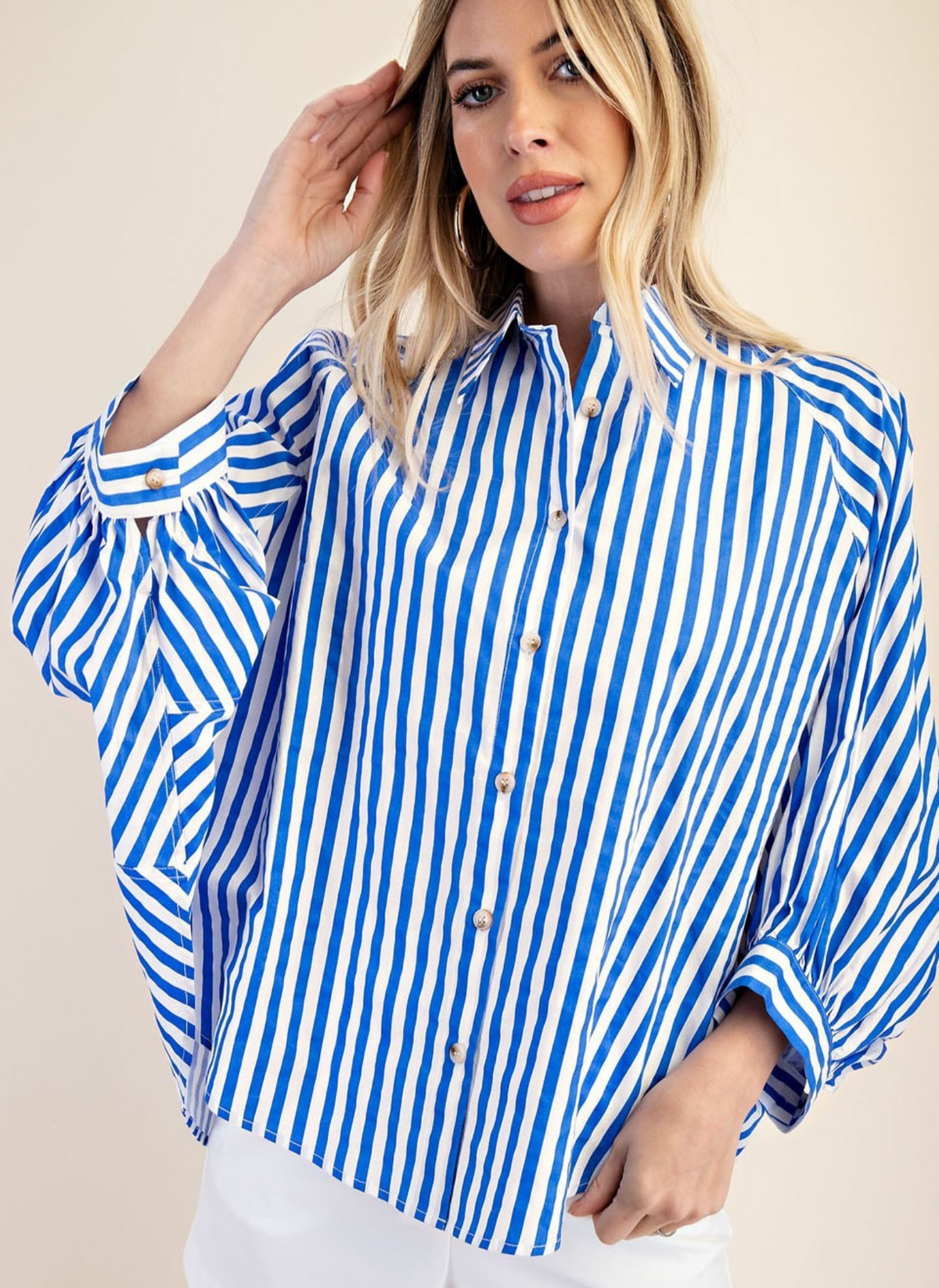 Bubble Button Front Striped Top - Royal