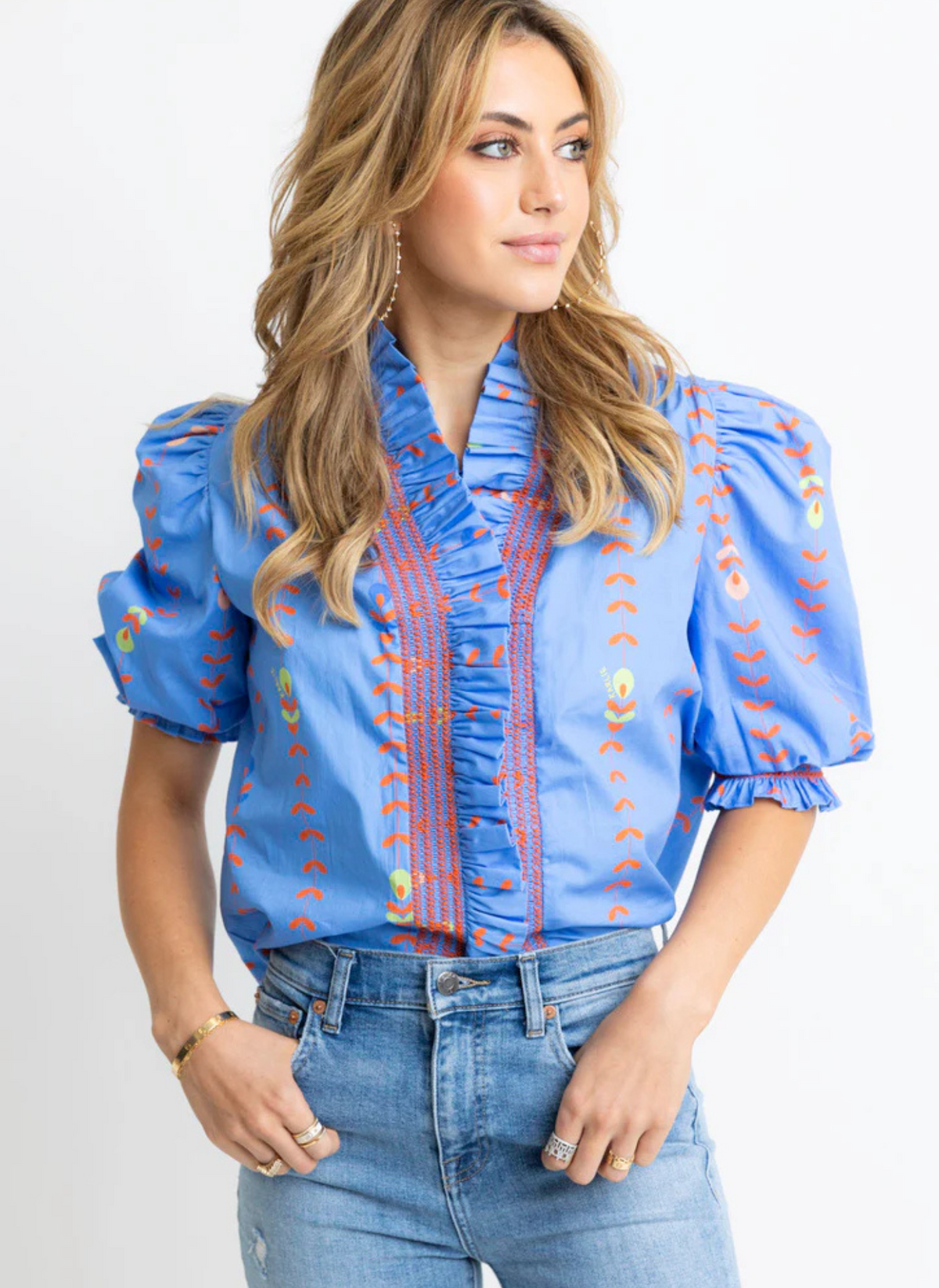Floral Vine Puff Sleeve Top - Periwinkle