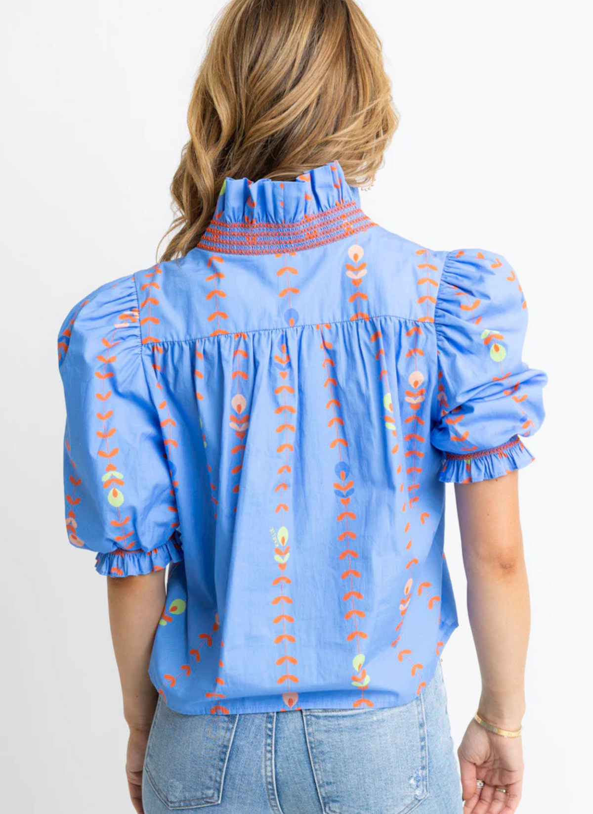 Floral Vine Puff Sleeve Top - Periwinkle