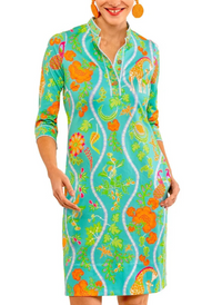 Jungle Symphony Mandarin Dress - Turquoise