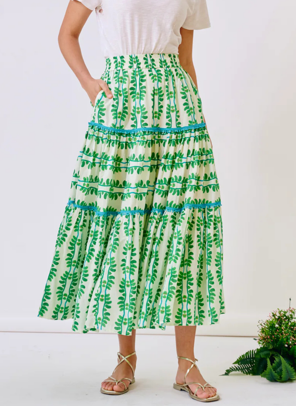 Triple Tiered Maxi Skirt - Palm Leaf