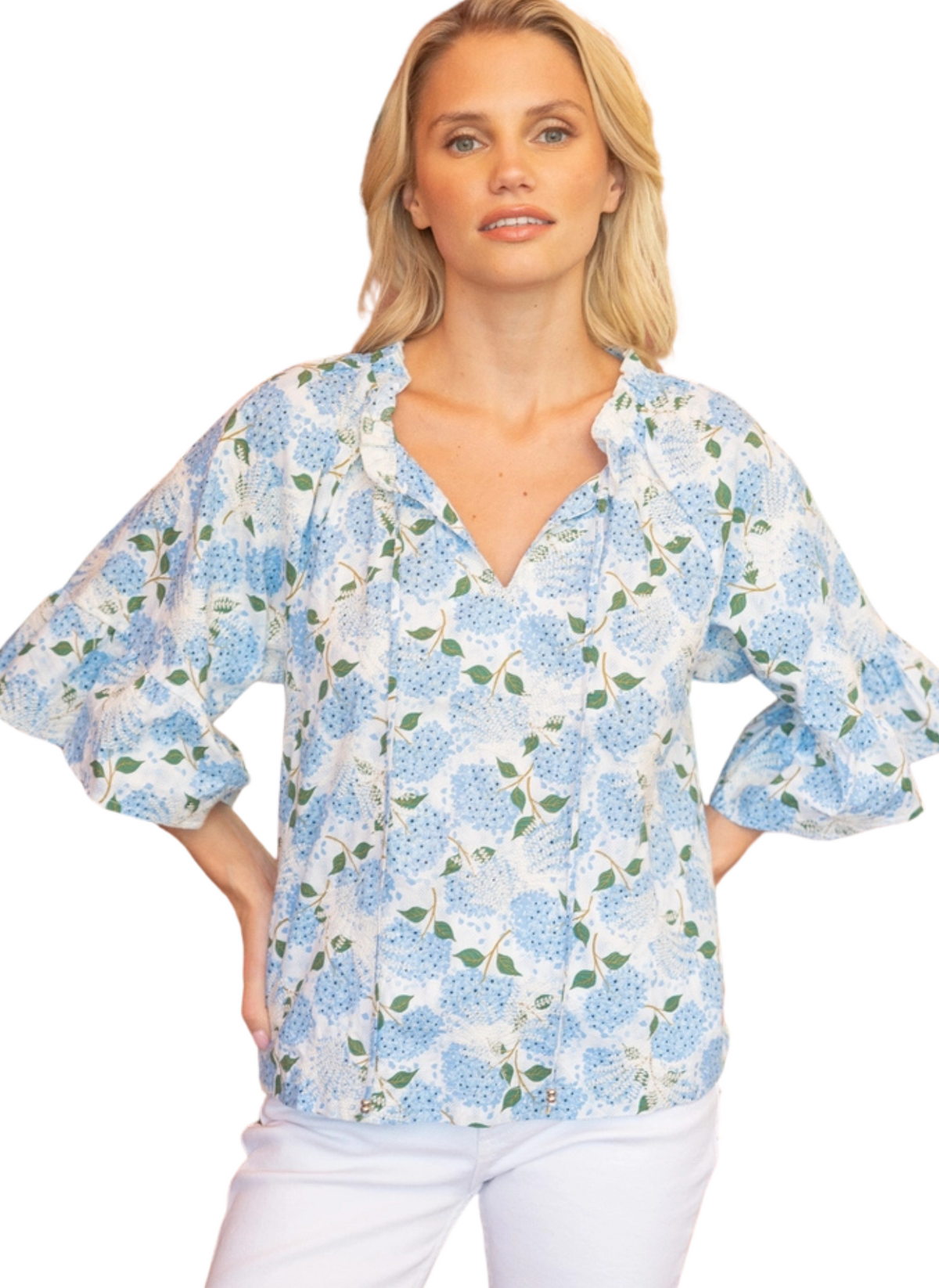 Textured Hydrangea Tie Top - Blue + White
