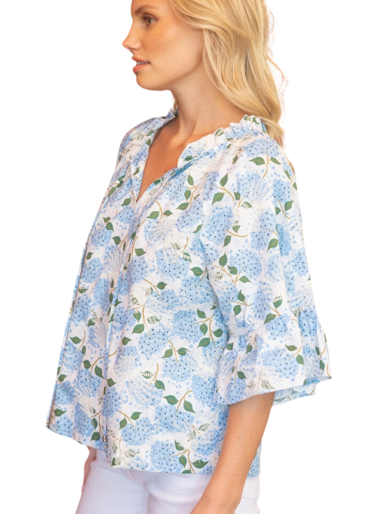 Textured Hydrangea Tie Top - Blue + White