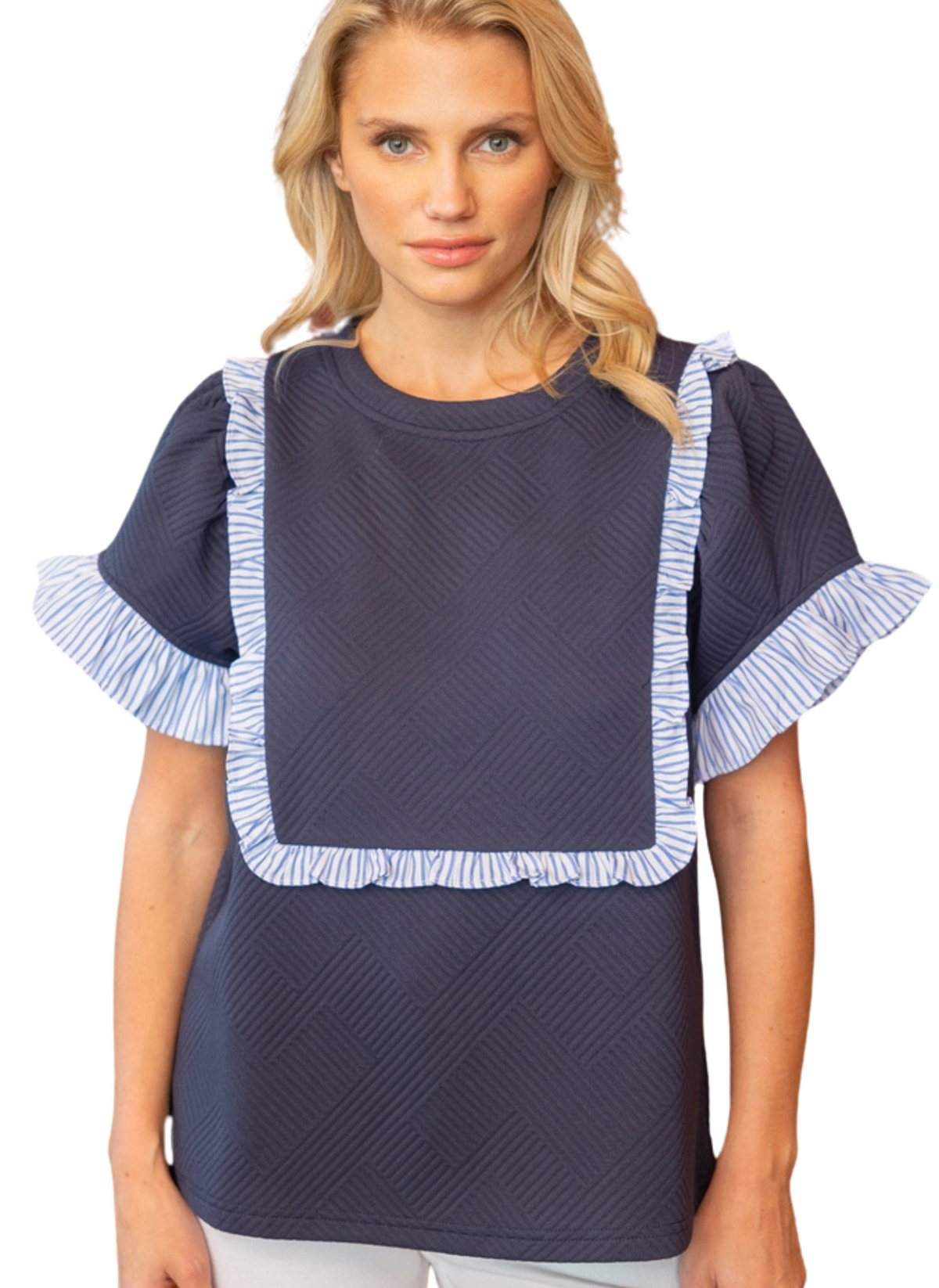 Quilted Ruffle Bib Top - Navy