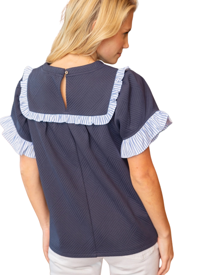 Quilted Ruffle Bib Top - Navy