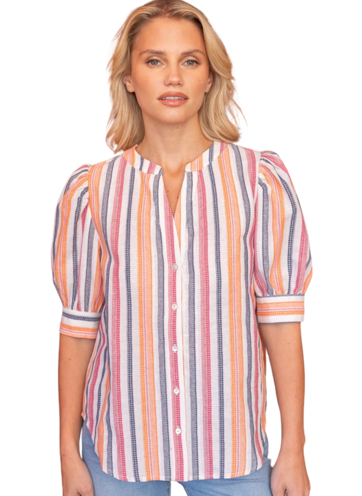 Puff Sleeve Button Up Top - Pink Orange