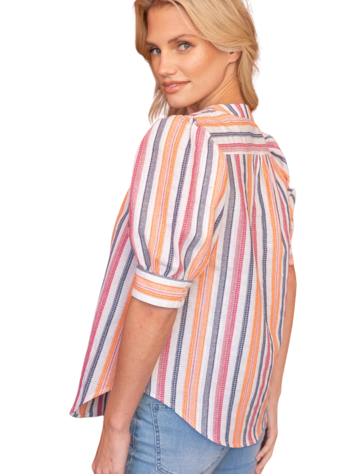 Puff Sleeve Button Up Top - Pink Orange