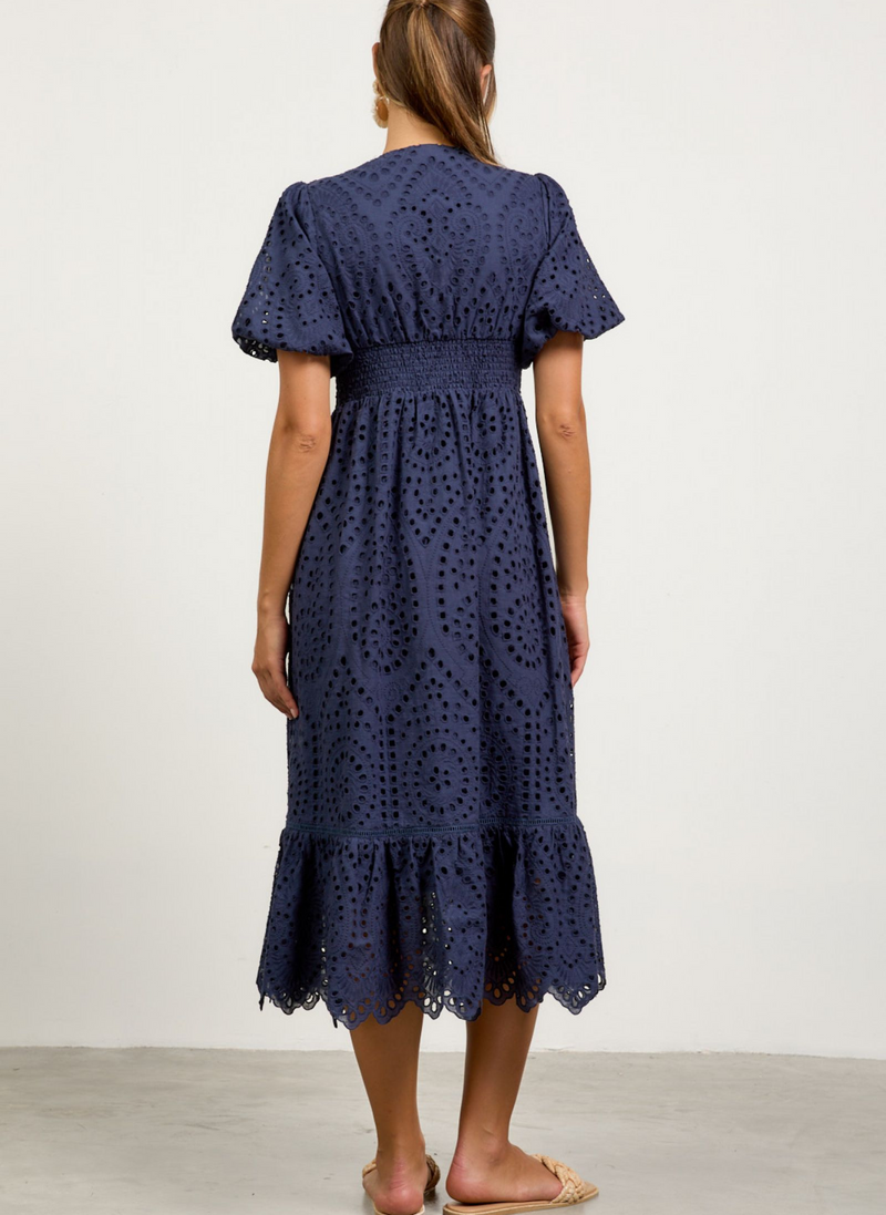 Eyelet Smocked Back Midi Dress