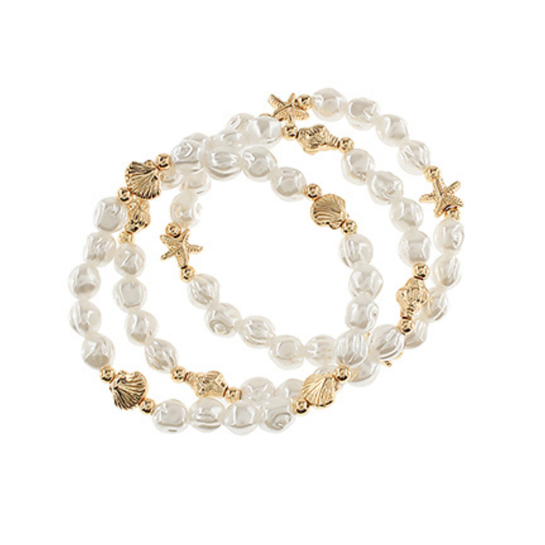 Starfish + Shell Pearl Bracelet Set