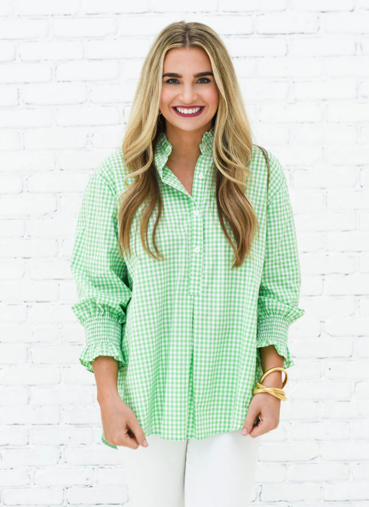 Kimberly Top - Contrast Green Gingham