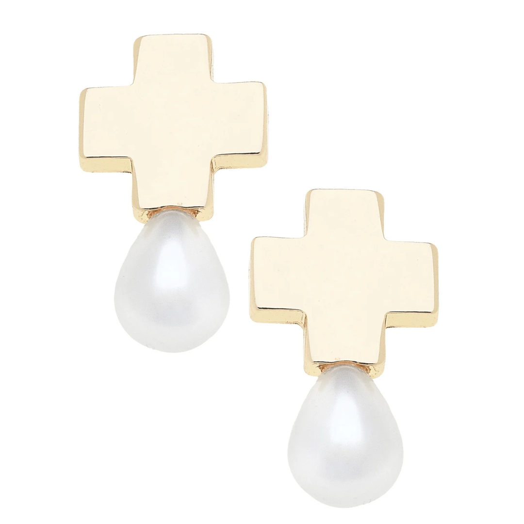 Edith Square Cross Pearl Drop Earrings
