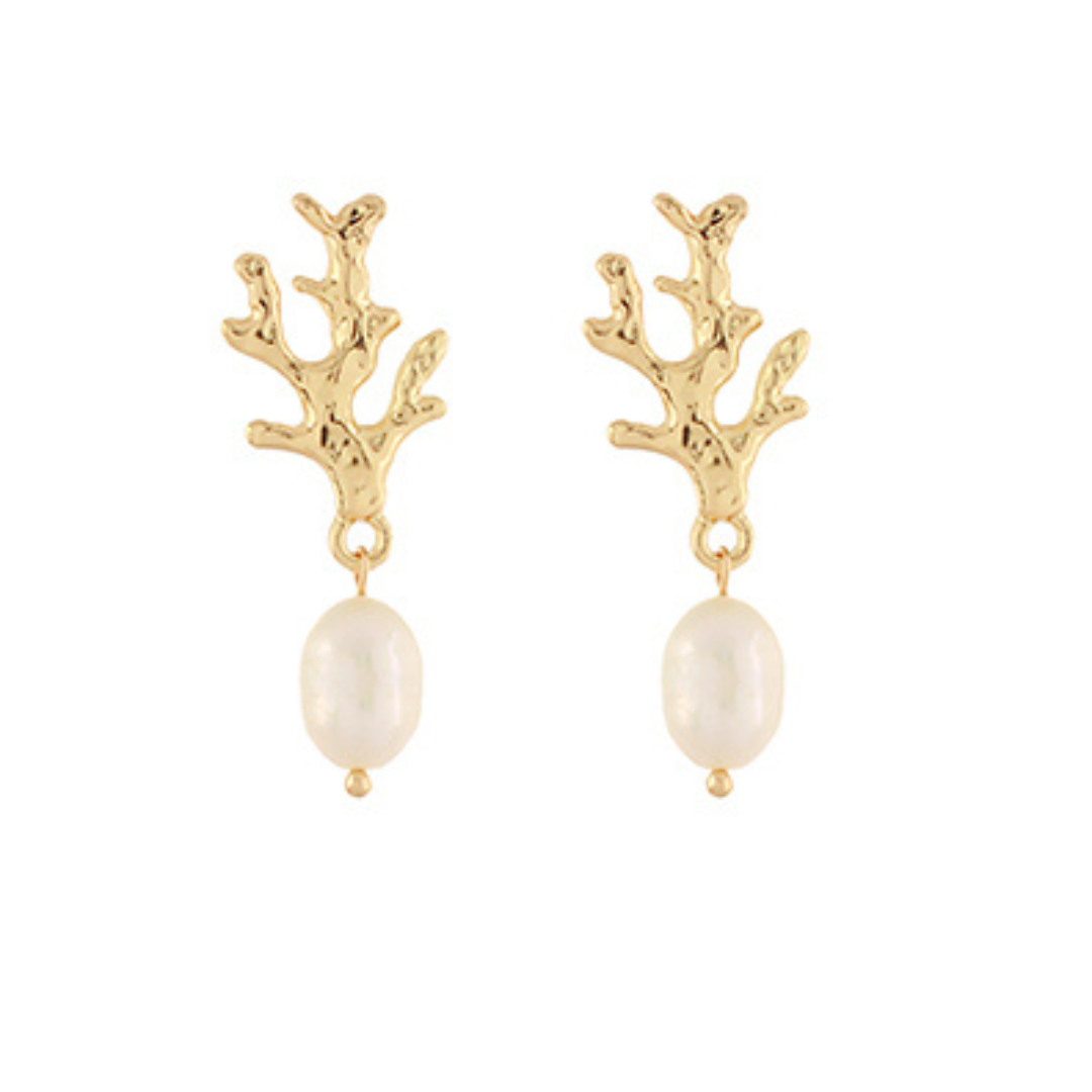 Coral Branch Pearl Drop Earrings