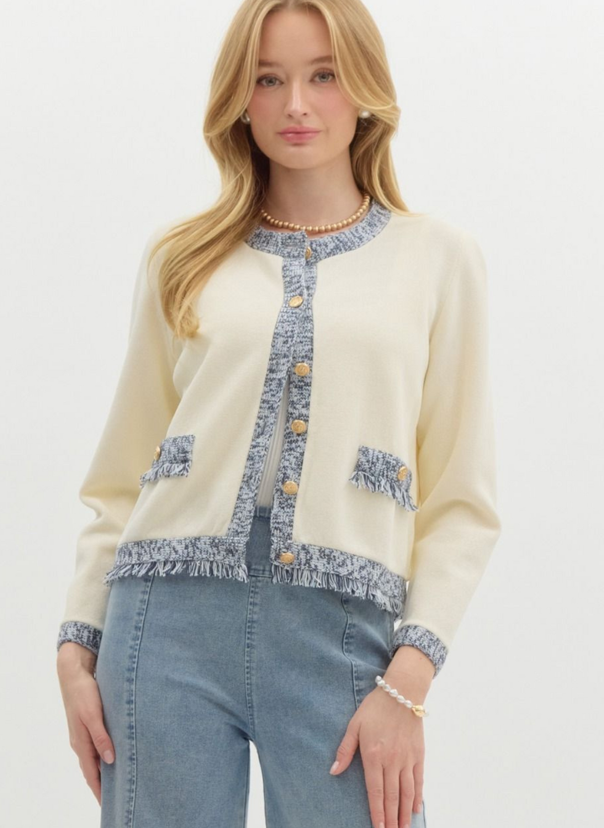 Mini Fringe Detail Gold Button Cardigan