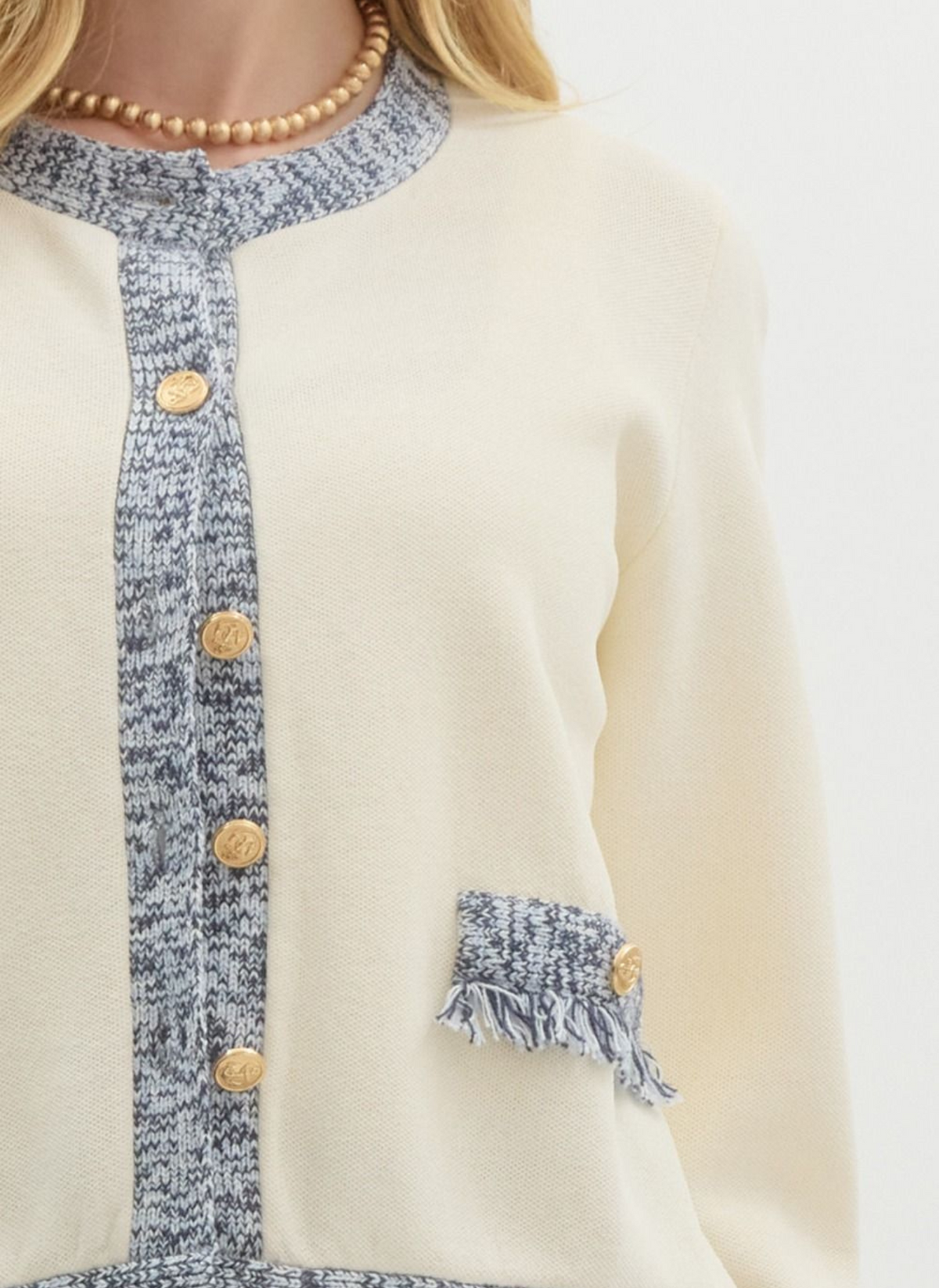 Mini Fringe Detail Gold Button Cardigan
